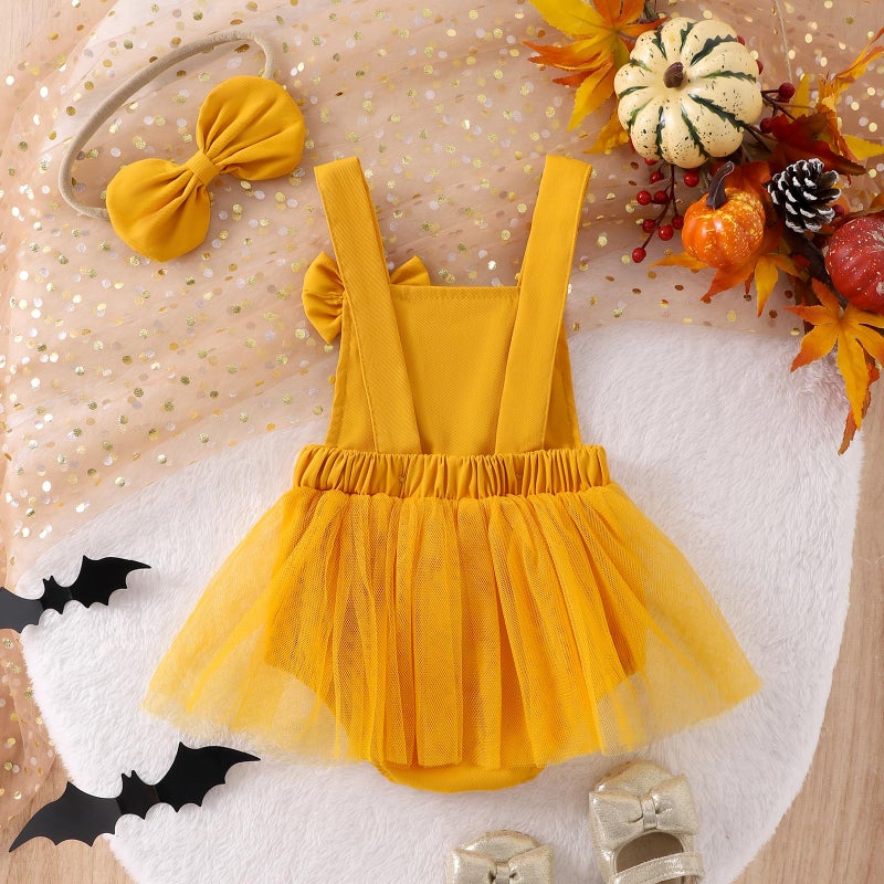 Amnnchya Baby Girl Thanksgiving Outfit Pumpkin Turkey Costumes Sleeveless Tulle Romper Newborn Halloween Outfit Girl (Yellow  0-3 Months) - Image 3